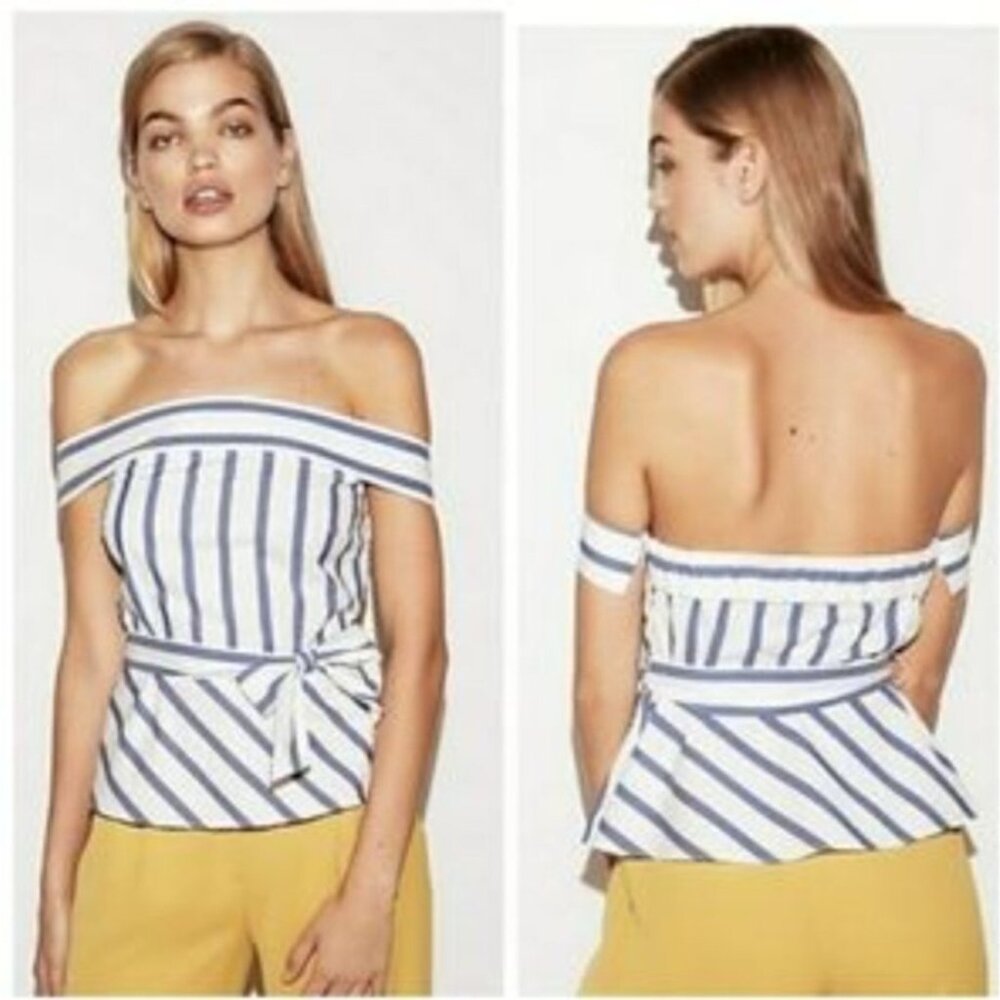 Express Off-The-Shoulder Blue & White Striped summer vacation Top Size 2